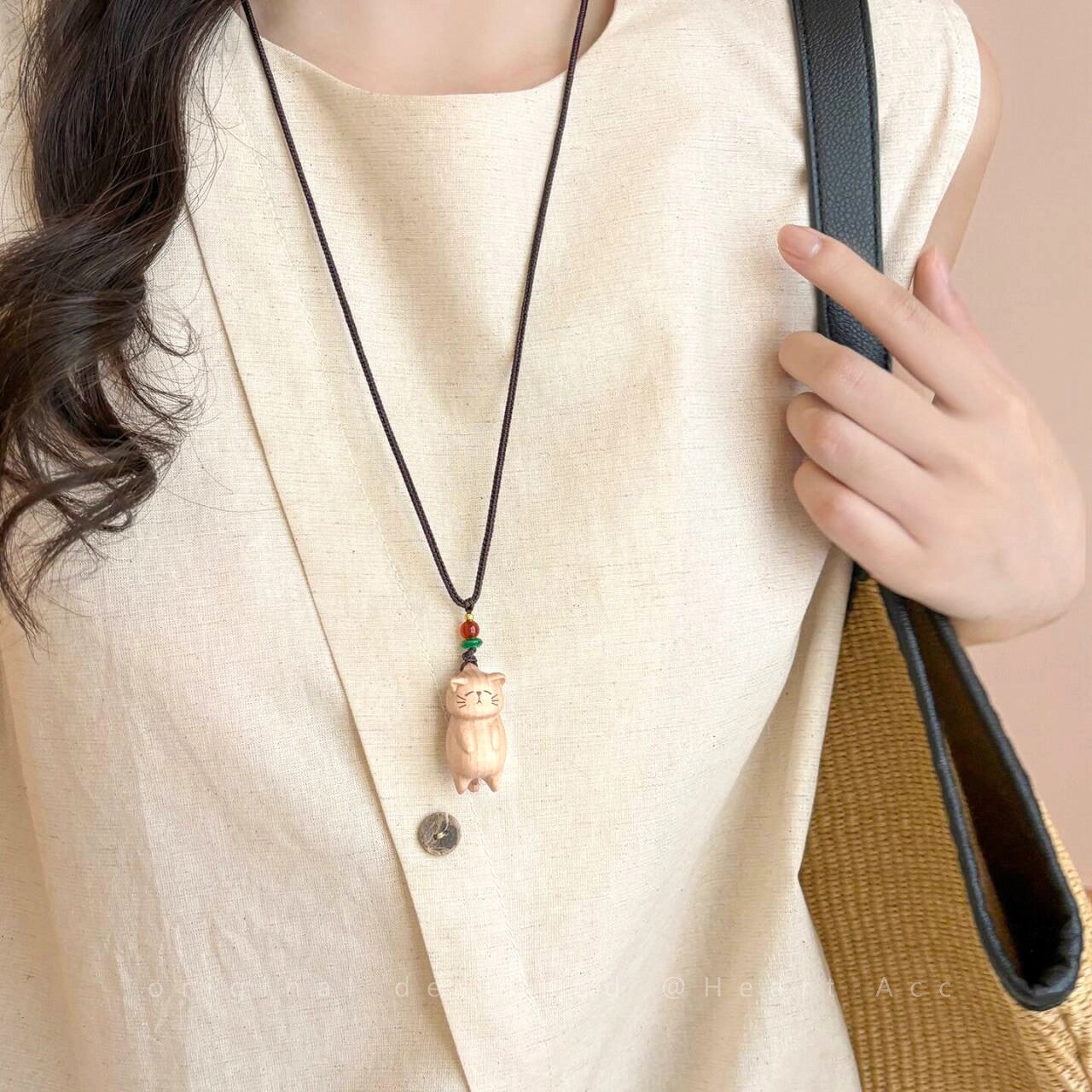 Zen Cat Layered Necklace | Hand-Carved Wooden Kitten Pendant, Adjustable Bohemian Meditation Jewelry