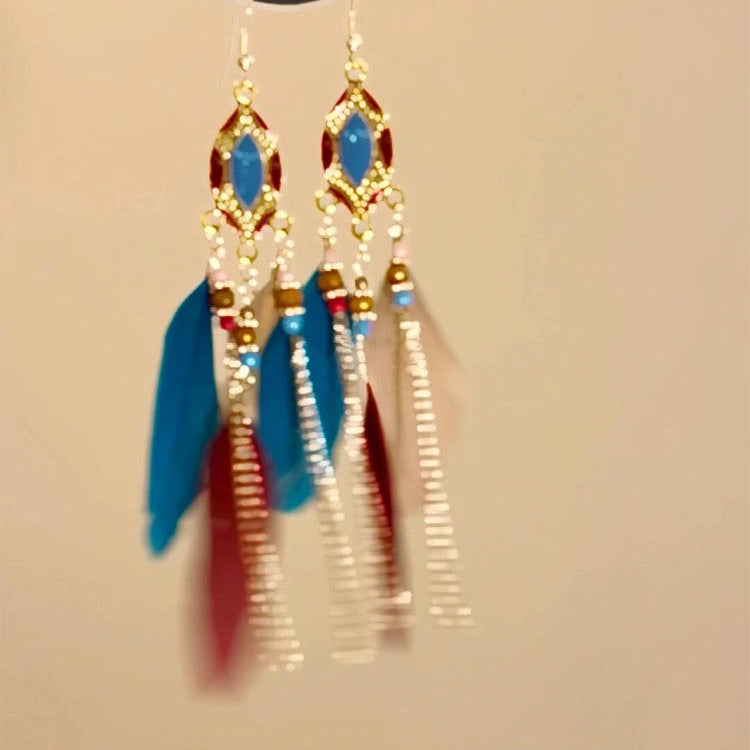 Bohemian Feather Earrings for Women – Vintage Tribal Fringe Dangle Earrings in Red & Blue