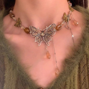 HEY TAO New Chinese-style ethnic fashion butterfly necklace for women, light luxury, niche design, caramel collar chain, waist chain style