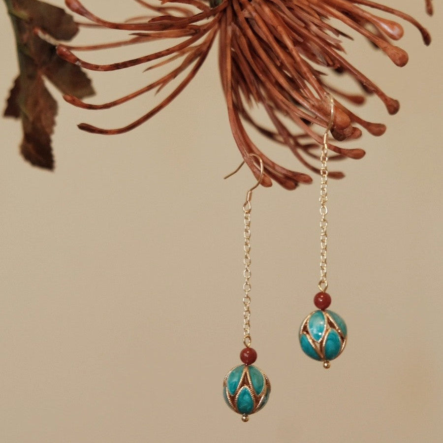 Vintage Chinese-Inspired Blue & Gold Drop Earrings