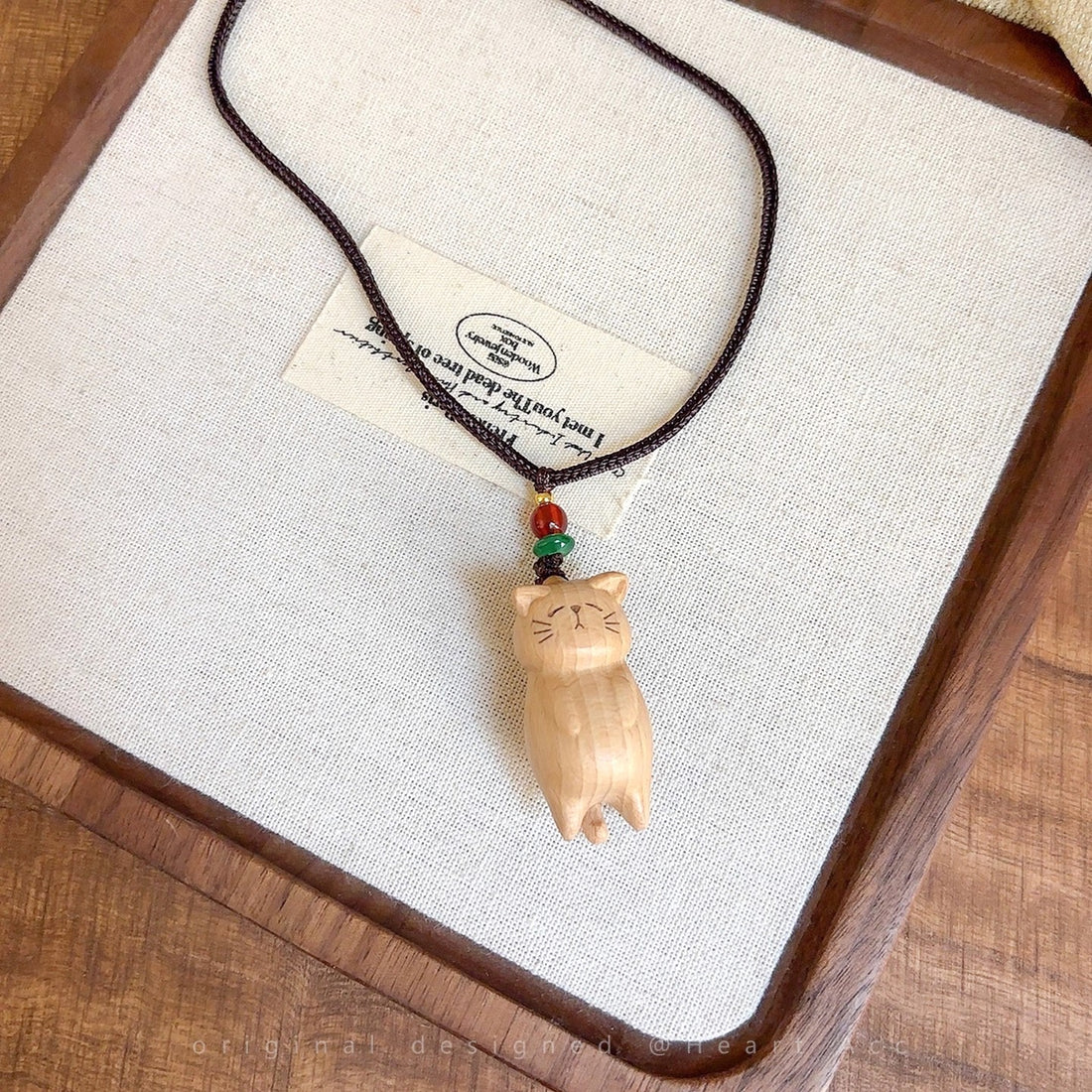 Zen Cat Layered Necklace | Hand-Carved Wooden Kitten Pendant, Adjustable Bohemian Meditation Jewelry