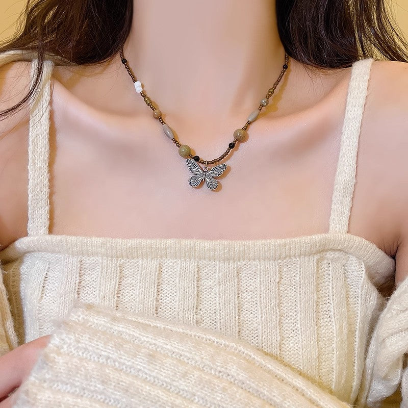 Zen Butterfly Bead Necklace | Velvet Adjustable Choker, Boho Sweater Layered Pendant for Fall Winter