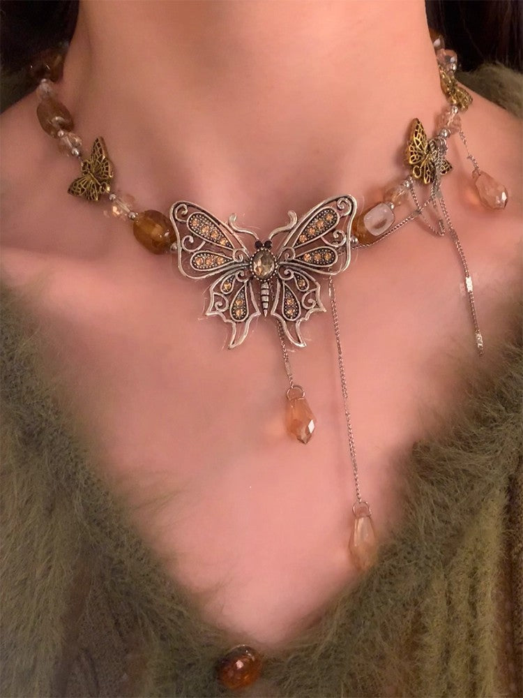 HEY TAO New Chinese-style ethnic fashion butterfly necklace for women, light luxury, niche design, caramel collar chain, waist chain style