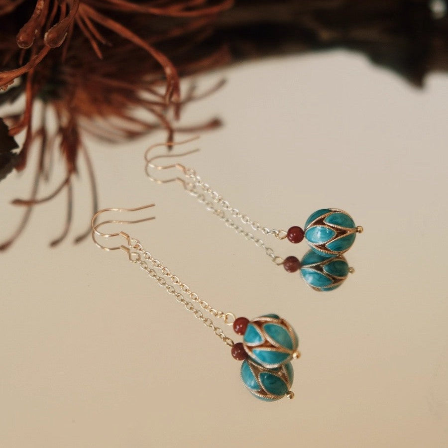 Vintage Chinese-Inspired Blue & Gold Drop Earrings