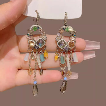 French Ethnic Fringe Earrings - Long Gold Hoop Earrings with Crystals