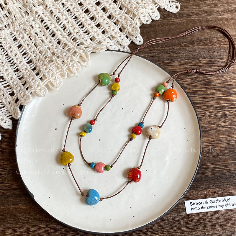 Dopamine Beach Layer Necklace | Colorful Ceramic Beads Double Choker, Adjustable Summer Jewelry for Dresses