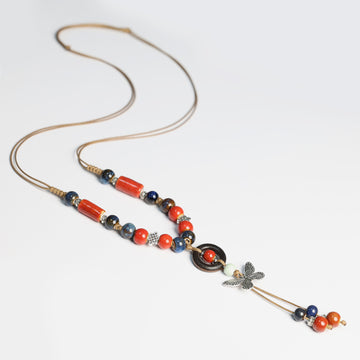 Handmade Jingdezhen Ceramic Necklace | Boho Ethnic Beaded Pendant Layered Chain for Sweater Jewelry