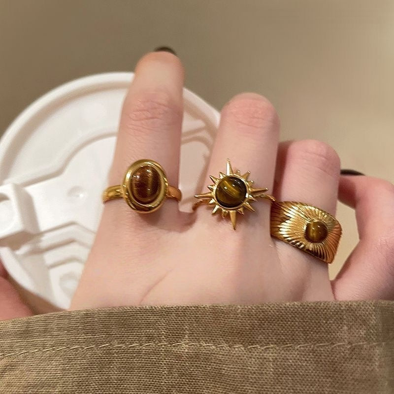 Adjustable Tiger Eye Sunflower Ring - Boho Stacking Thumb Ring for Women, Healing Crystal Adjustable Statement Ring, Earth Tone Minimalist Jewelry Gift