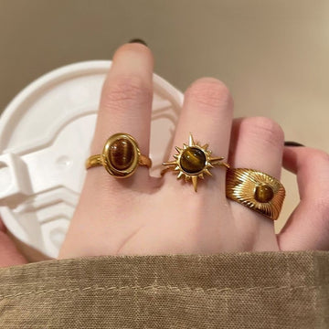 Adjustable Tiger Eye Sunflower Ring - Boho Stacking Thumb Ring for Women, Healing Crystal Adjustable Statement Ring, Earth Tone Minimalist Jewelry Gift