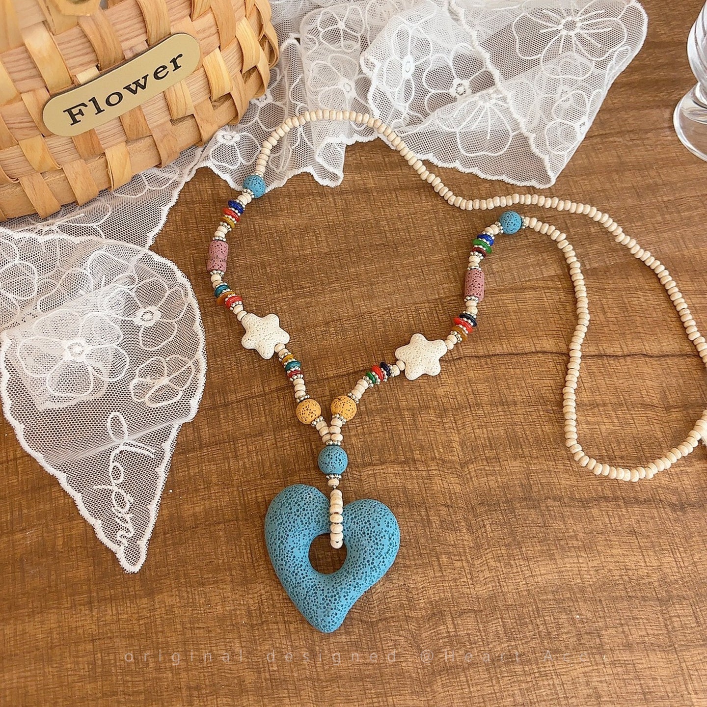 Dopamine Beach Necklace with Colorful Hearts & Sea Stars | Volcanic Stone Layered Choker for Women