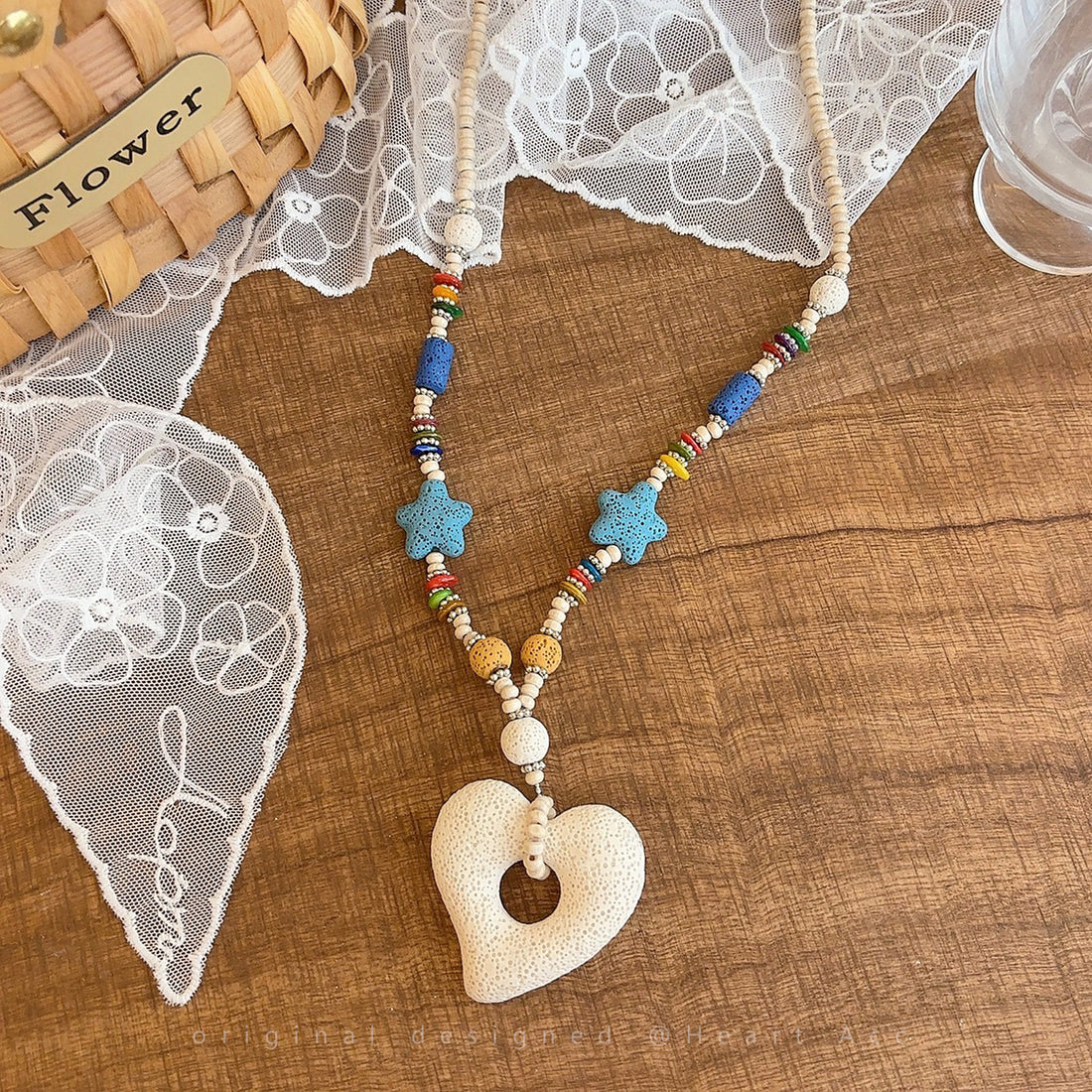 Dopamine Beach Necklace with Colorful Hearts & Sea Stars | Volcanic Stone Layered Choker for Women