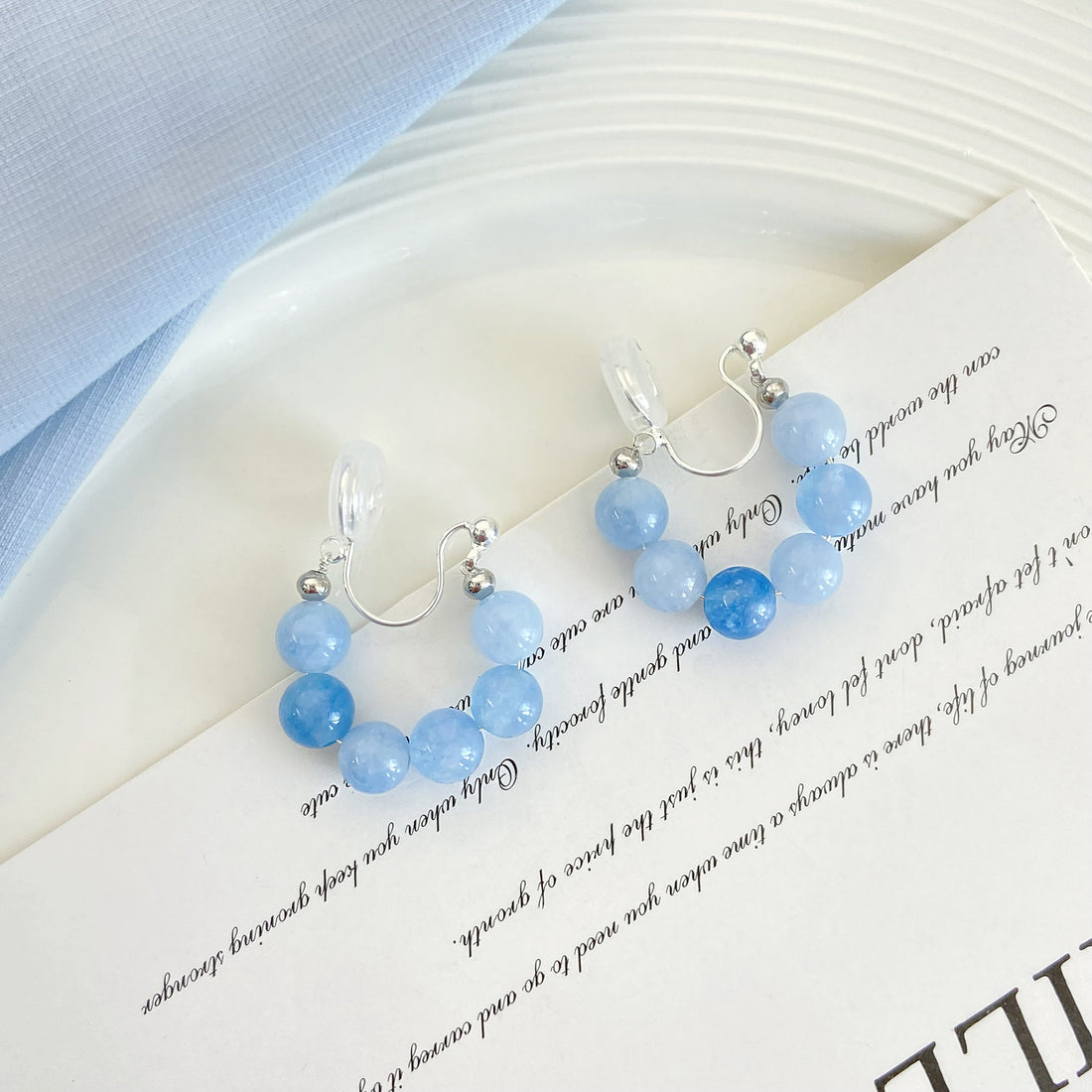 Mermaid Wave Ear Climbers | Gradient Blue Resin Beads, Feather-Light Clip-On Earrings for Cartilage