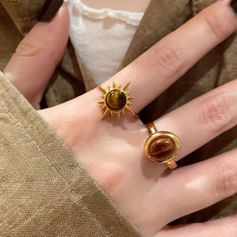 Adjustable Tiger Eye Sunflower Ring - Boho Stacking Thumb Ring for Women, Healing Crystal Adjustable Statement Ring, Earth Tone Minimalist Jewelry Gift