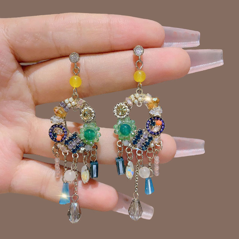 French Ethnic Fringe Earrings - Long Gold Hoop Earrings with Crystals