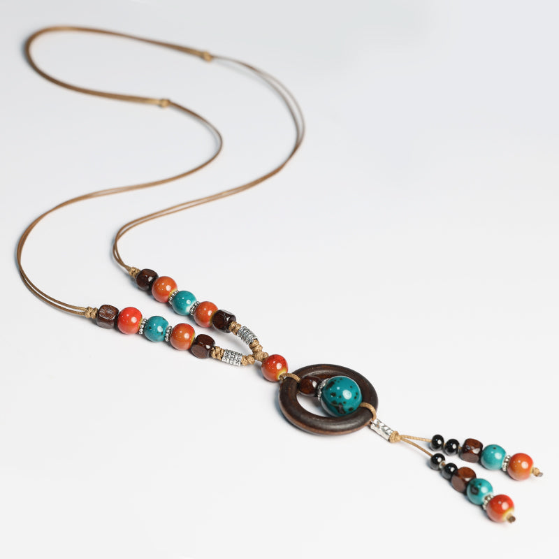 Handmade Jingdezhen Ceramic Necklace | Boho Ethnic Beaded Pendant Layered Chain for Sweater Jewelry