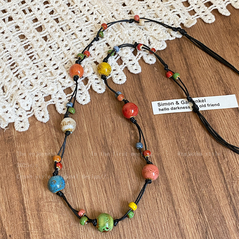 Dopamine Beach Layer Necklace | Colorful Ceramic Beads Double Choker, Adjustable Summer Jewelry for Dresses